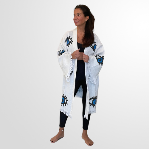 Traditional White Kimono with Blue Evil Eye