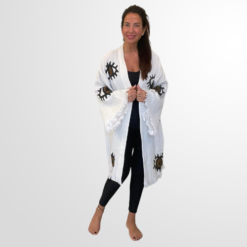 Traditional White Kimono with Brown Evil Eye