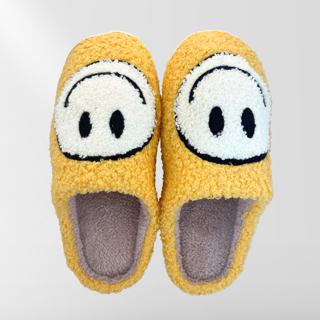 Yellow and White Smiley Face Fuzzy Slippers