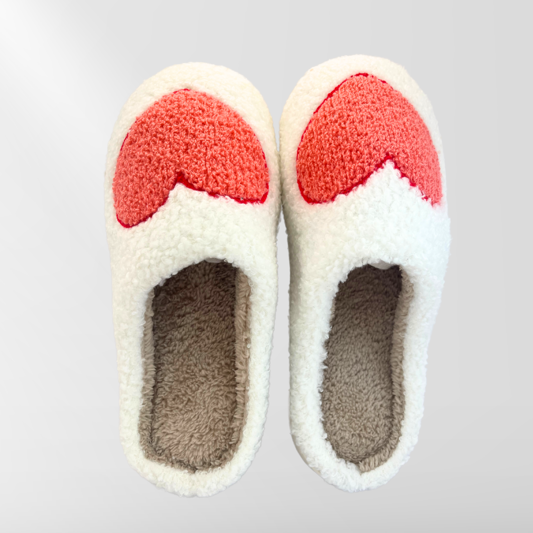 White Fuzzy Heart Slippers