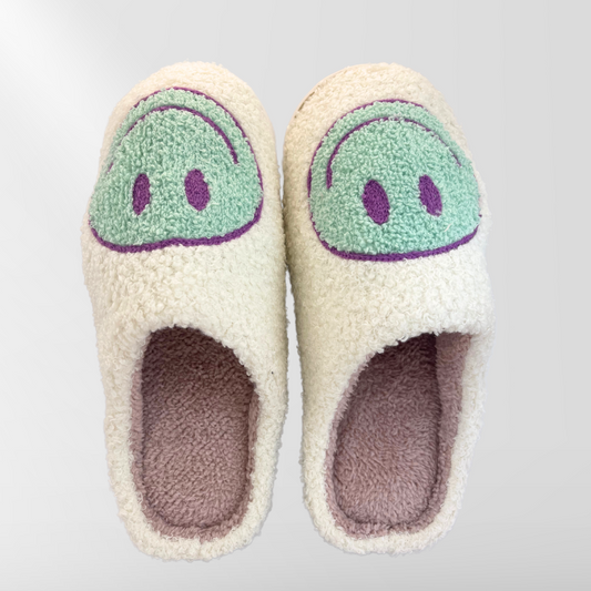 White and Blue Fuzzy Smiley Face Slippers