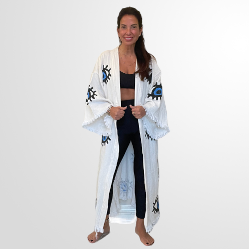 Traditional White Kimono with Blue Evil Eye