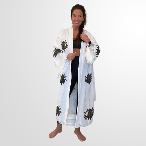 Traditional White Kimono with Brown Evil Eye