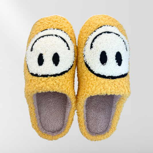 Yellow and White  Smiley Face Fuzzy Slippers