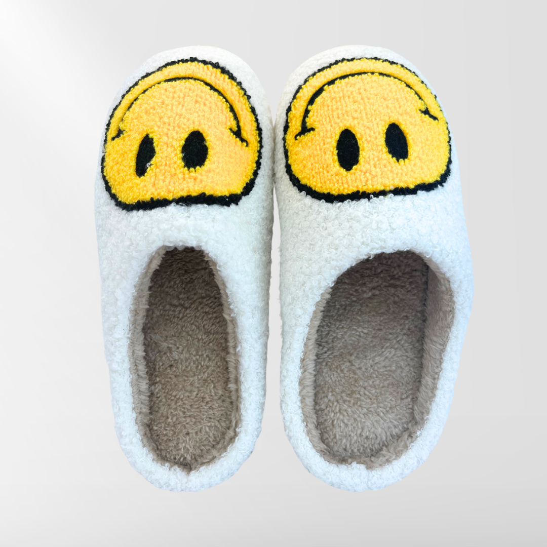 White and Yellow Smiley Face Fuzzy Slippers